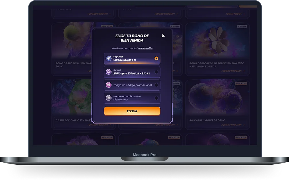 FunBet Casino selección del bono de bienvenida en la versión de escritorio